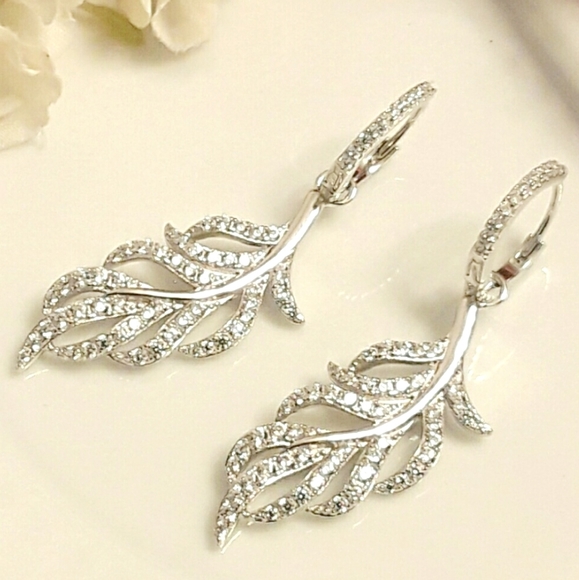 E3 NEW  Diamond Sterling Feather Earrings - Picture 3 of 8